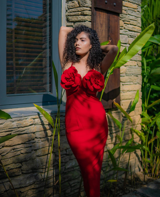 Bloom Rouge 3D Floral Midi Dress