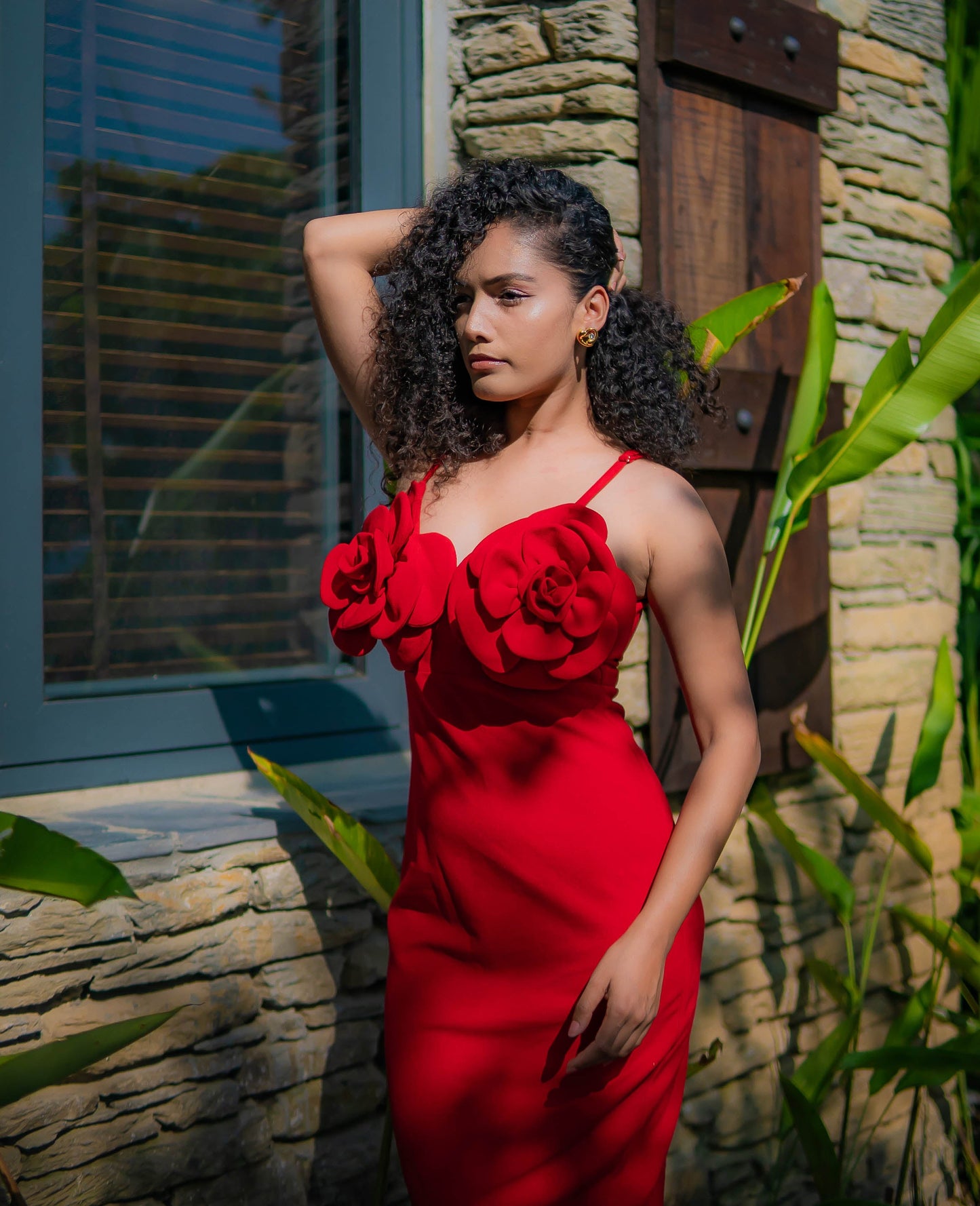 Bloom Rouge 3D Floral Midi Dress