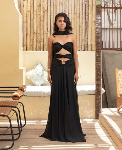 Mid-Night Poise/ Black Maxi Knot Cut-Out Dress