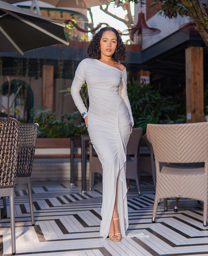 Whisper Veil/ White Ruched Maxi Dress